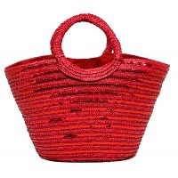 Straw Bucket Tote: Sequined Woven Wheat Straw w/ Loop Handles - Red - BG-B11036RD